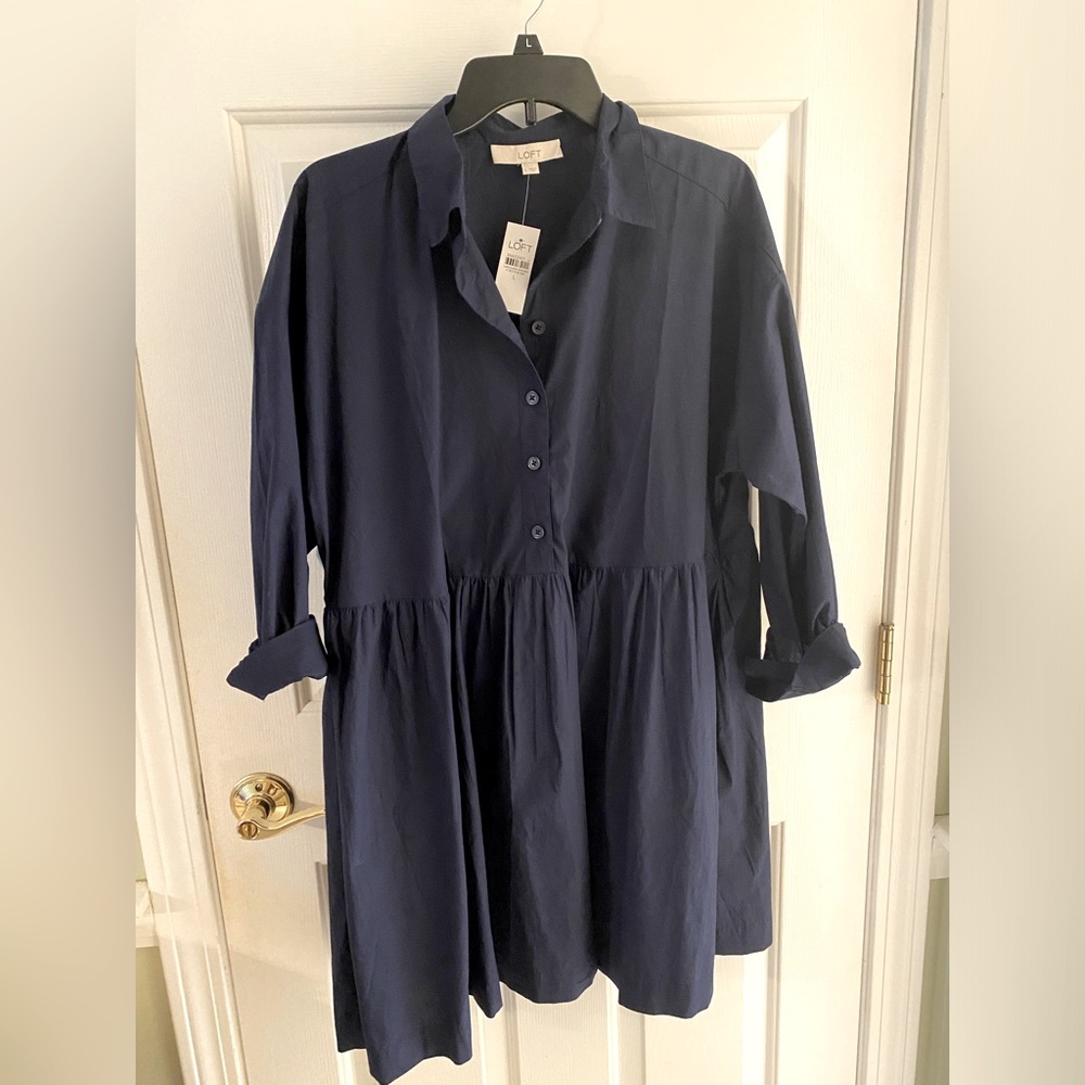 Loft Poplin Swing Shirtdress - Deep Blue Space Sz L NWT
